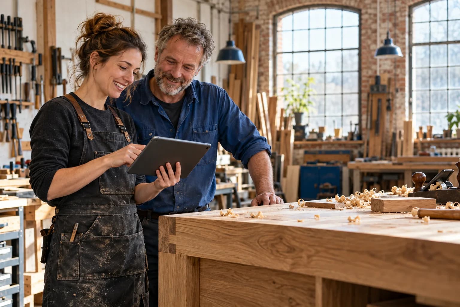 Illustrative Werkstattszene: Zwei Handwerker besprechen ein Vorhaben am Tablet